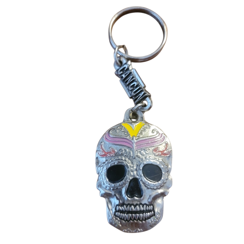 Skull Keychain with Pink and Yellow Accents Cancun Mexico.
